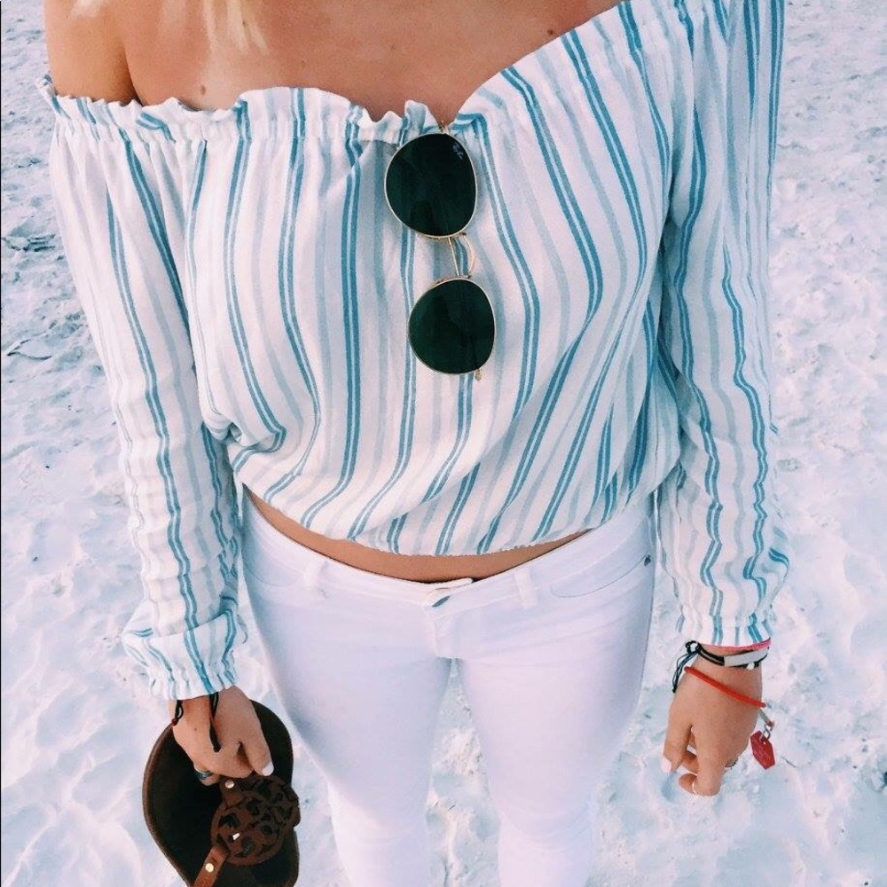 Blue and white striped off the shoulder top